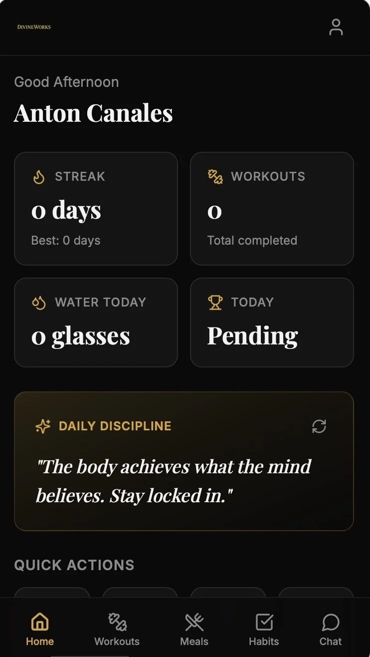 Mobile app screen showing user profile for Anton Canales with sections for streak, workouts, water intake, and daily discipline quote