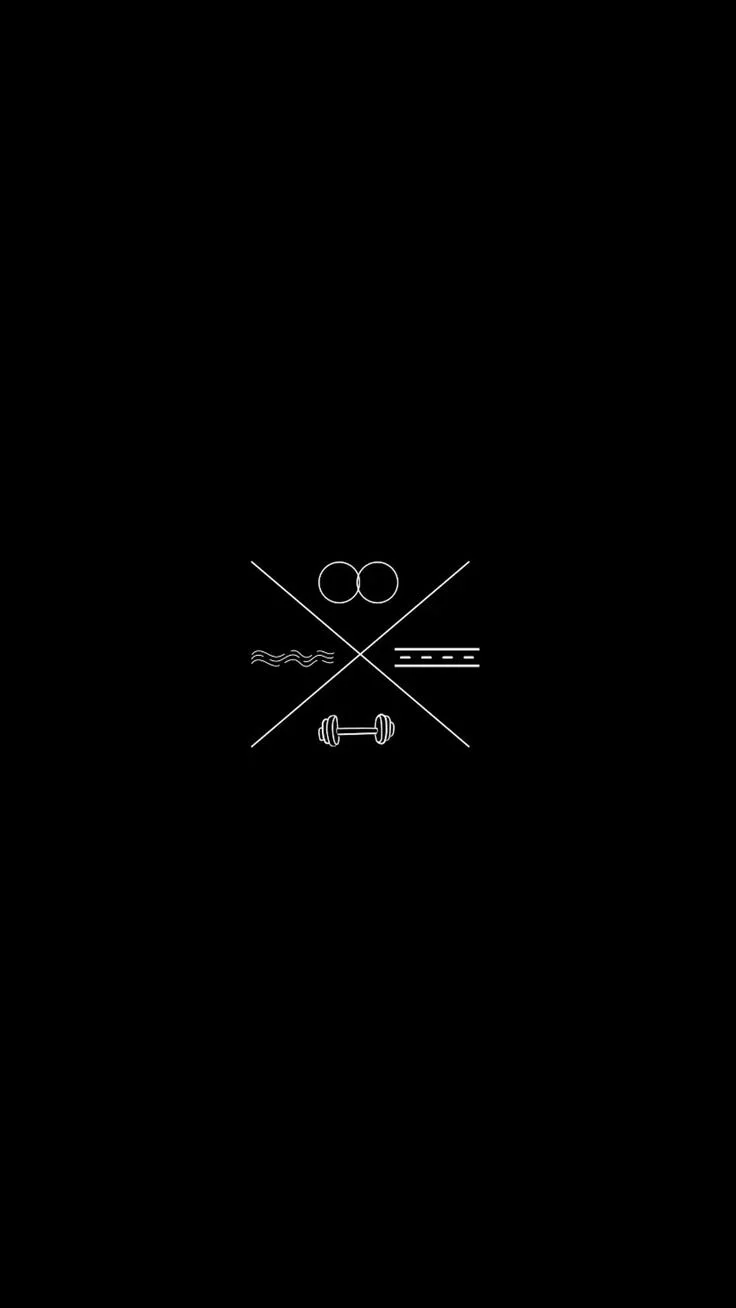 Black background with white minimalist line art icons including a pair of soccer balls, wavy water lines, a track for running, and a dumbbell, arranged in a cross pattern with diagonal lines crossing behind.