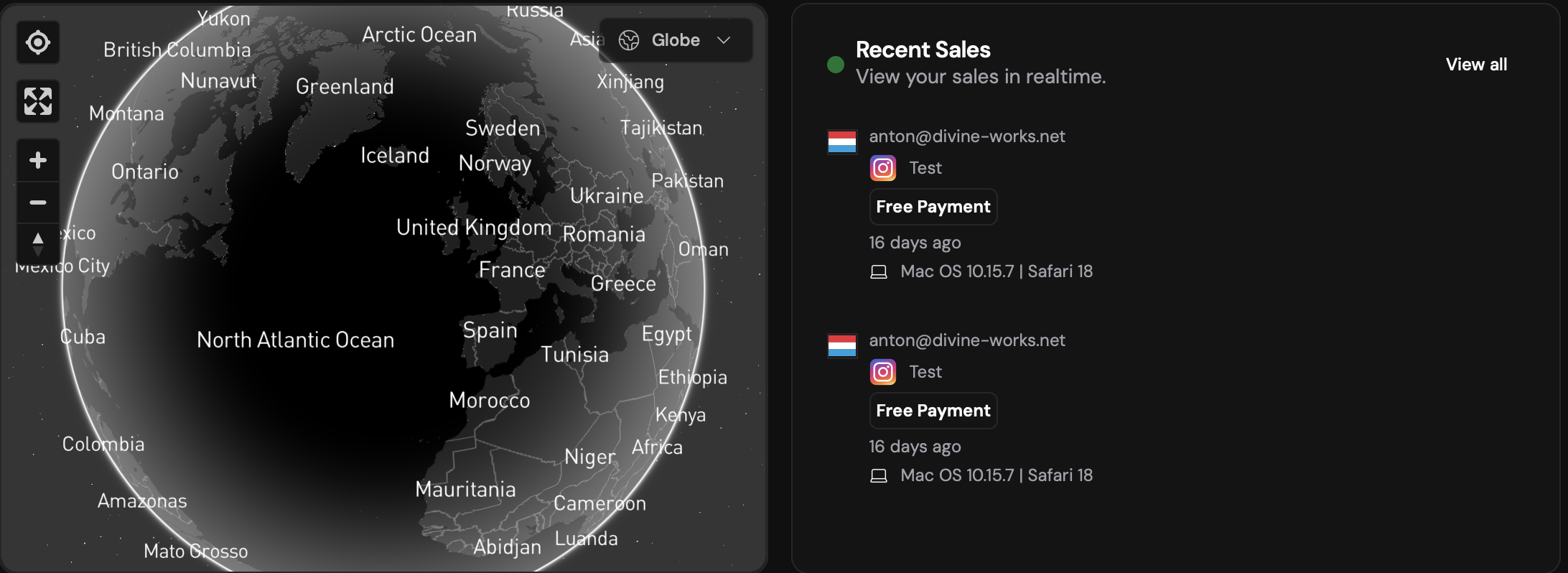 A digital globe displaying Europe, Africa, Asia, and parts of North America with country names labeled. To the right, a sales dashboard shows recent sales transactions with email addresses, Instagram icons, payment status, and timestamps.