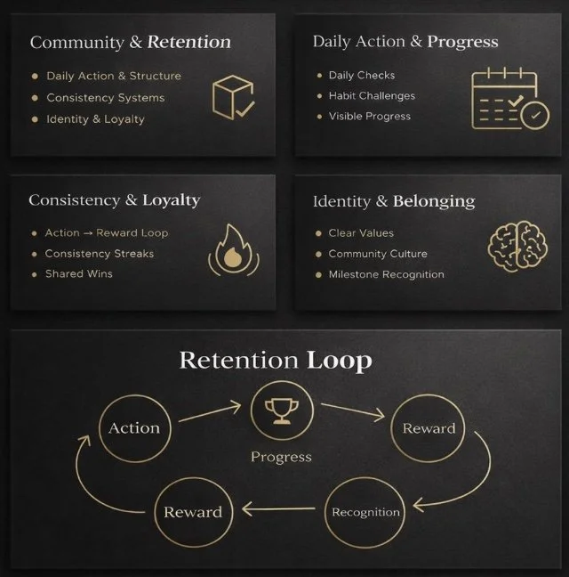 A diagram outlining a retention process with sections on community and retention, daily action and progress, consistency and loyalty, and identity and belonging. It also features a retention loop showing action leading to progress, then reward, recognition, and back to action.