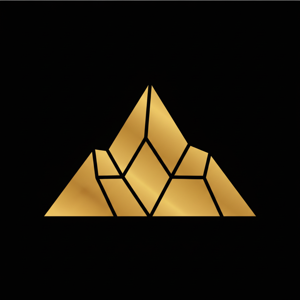 A stylized gold geometric pyramid or mountain with black outline details on a black background.