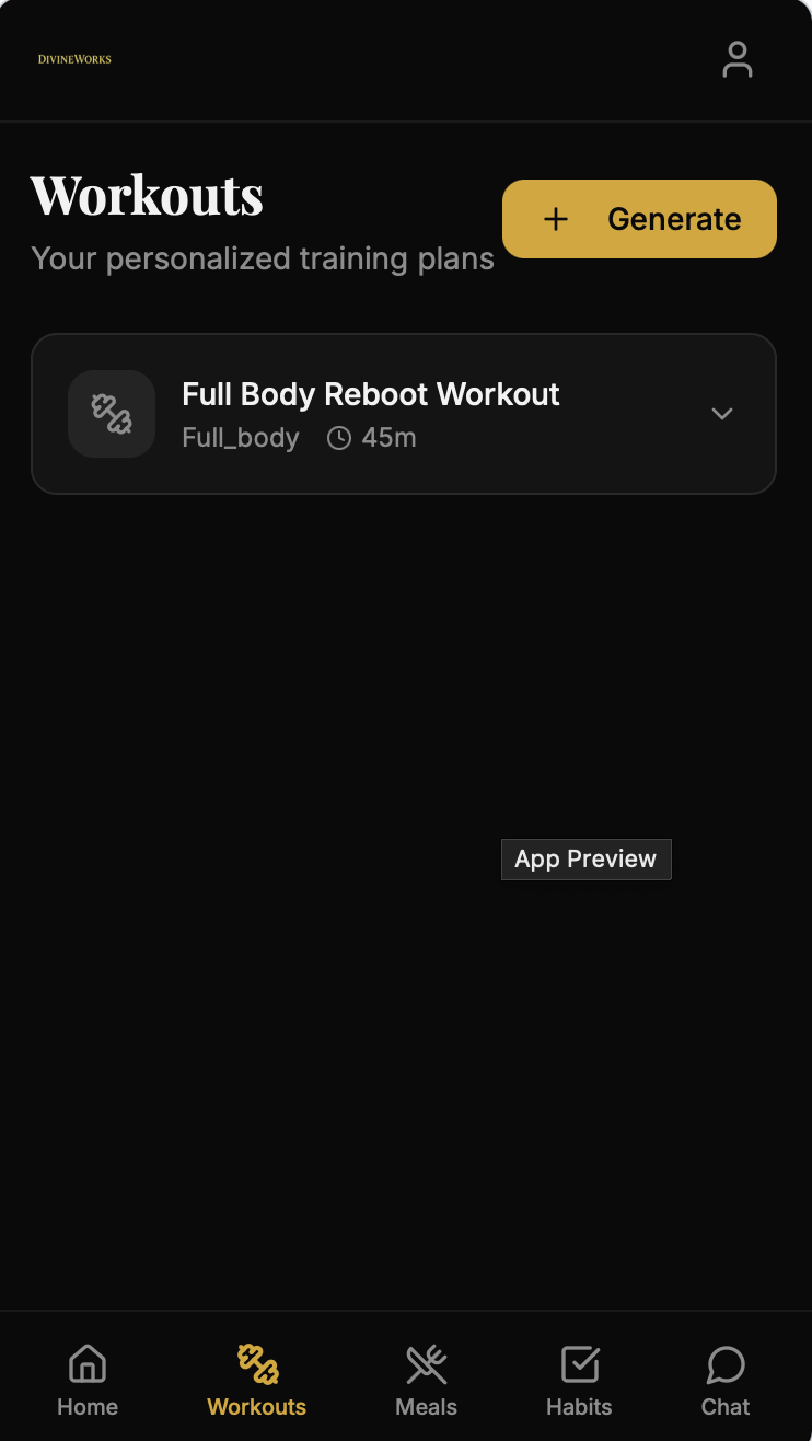 Mobile app screen showing workout options with a highlighted 'Full Body Reboot Workout', duration 45 minutes, and a 'Generate' button.