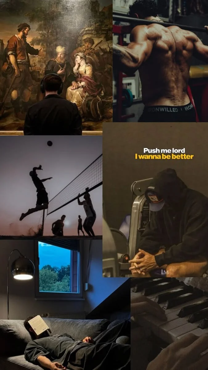 A collage of six images depicting different activities and scenes: a group of people viewing a historic painting in a museum, a muscular man lifting weights, silhouetted people playing volleyball during sunset, a person relaxing while reading a book in bed, a man practicing a piano, and a person reading a book on a couch near a window.