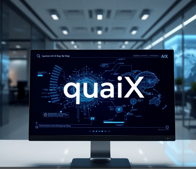 Computer monitor displaying digital graphics and the word 'quaix' in a modern office.