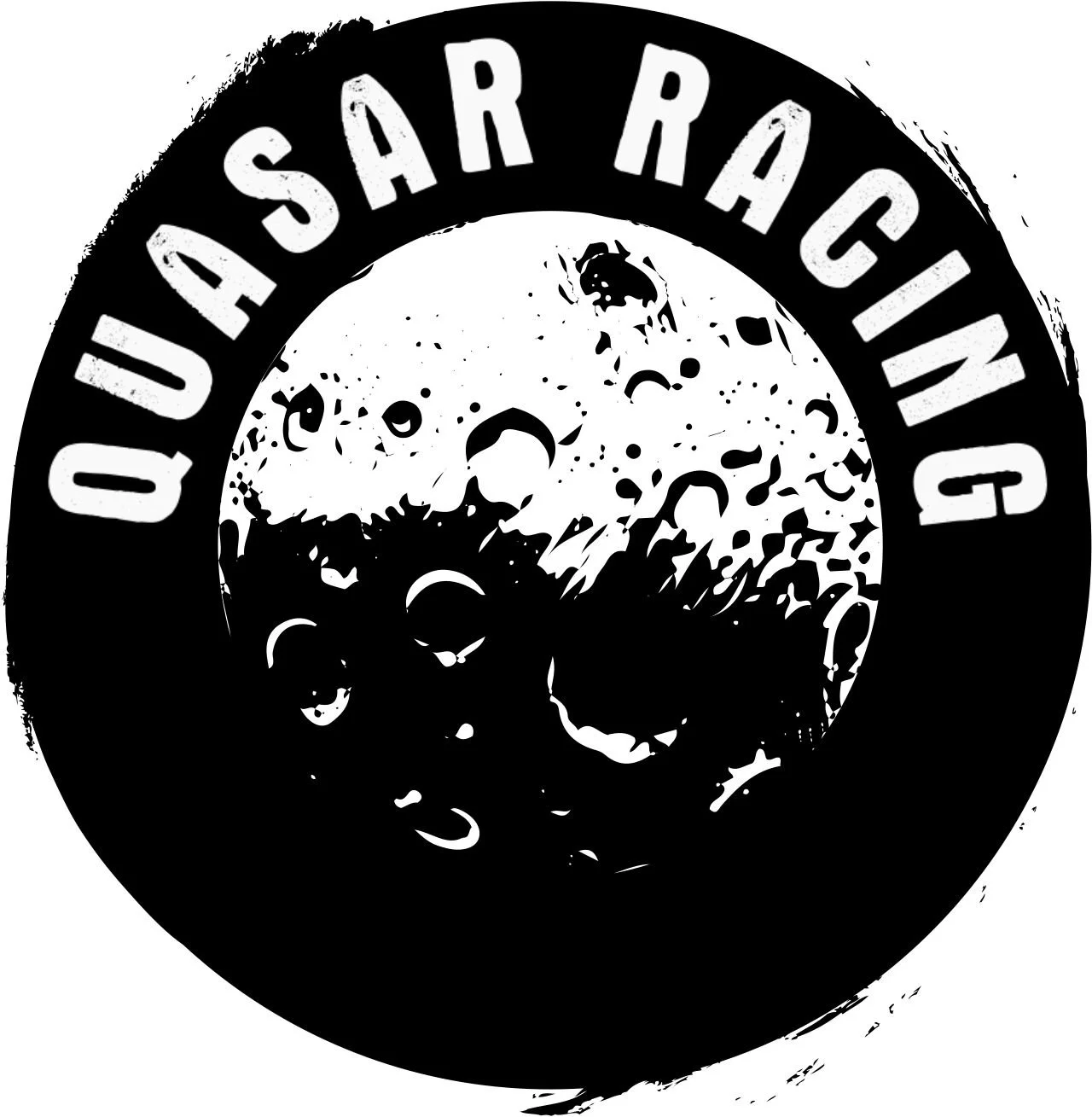 A circular black and white logo with the text 'OUA SAR RACING' arched around the top, featuring an image of a full moon and cartoonish animal faces inside the circle.