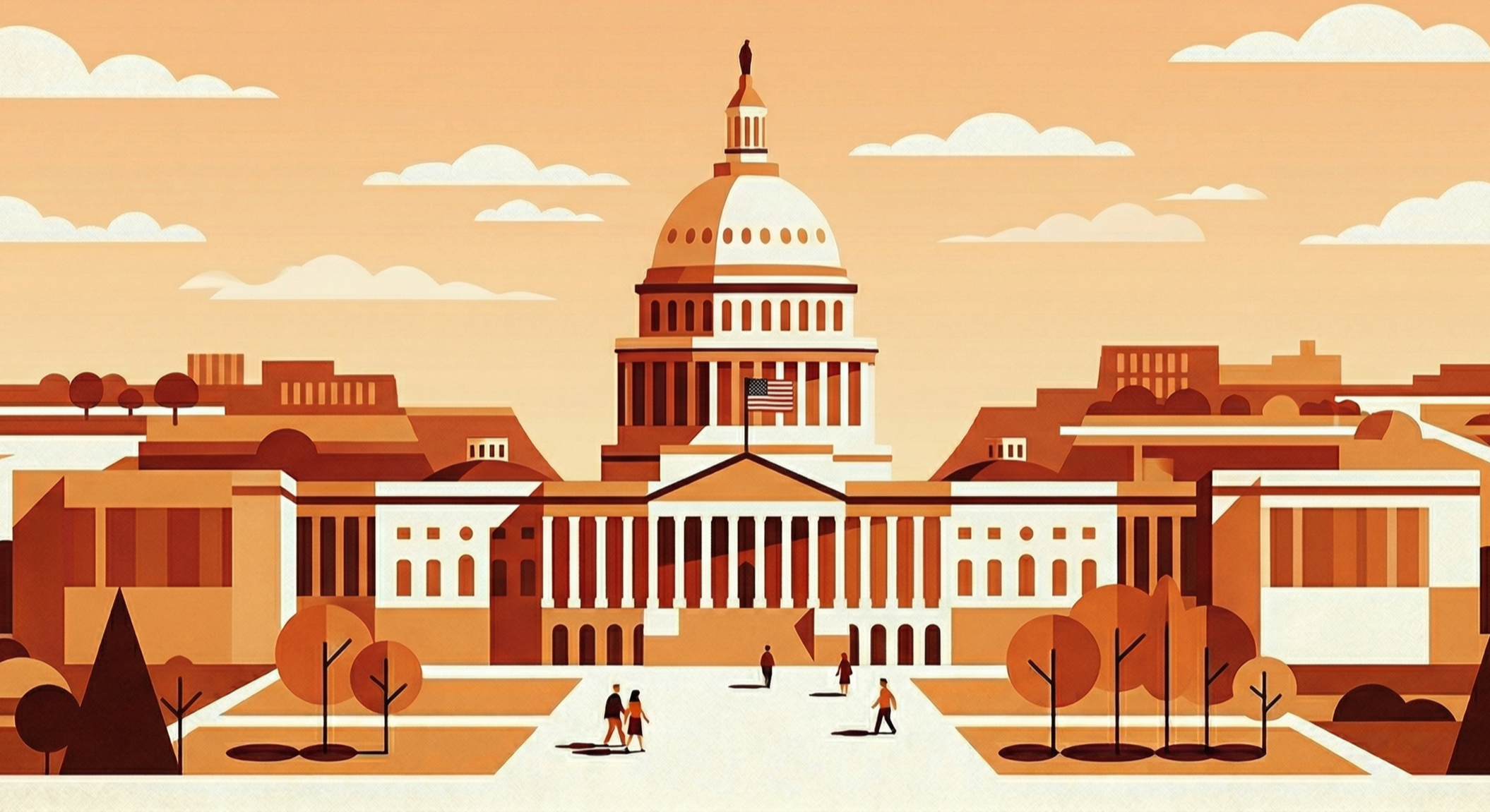 Illustration of the U.S. Capitol building with trees and people in the foreground, under a partly cloudy sky during sunset or sunrise.