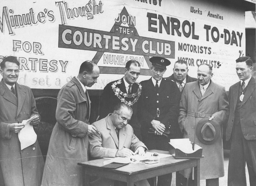 Mr Frank Bowles MP enrolls in the presence of the Mayor of Nuneaton (no NBBC back then) Councillor W. G. Corbett and other officials of Nuneaton Courtesy Club. December 1952.