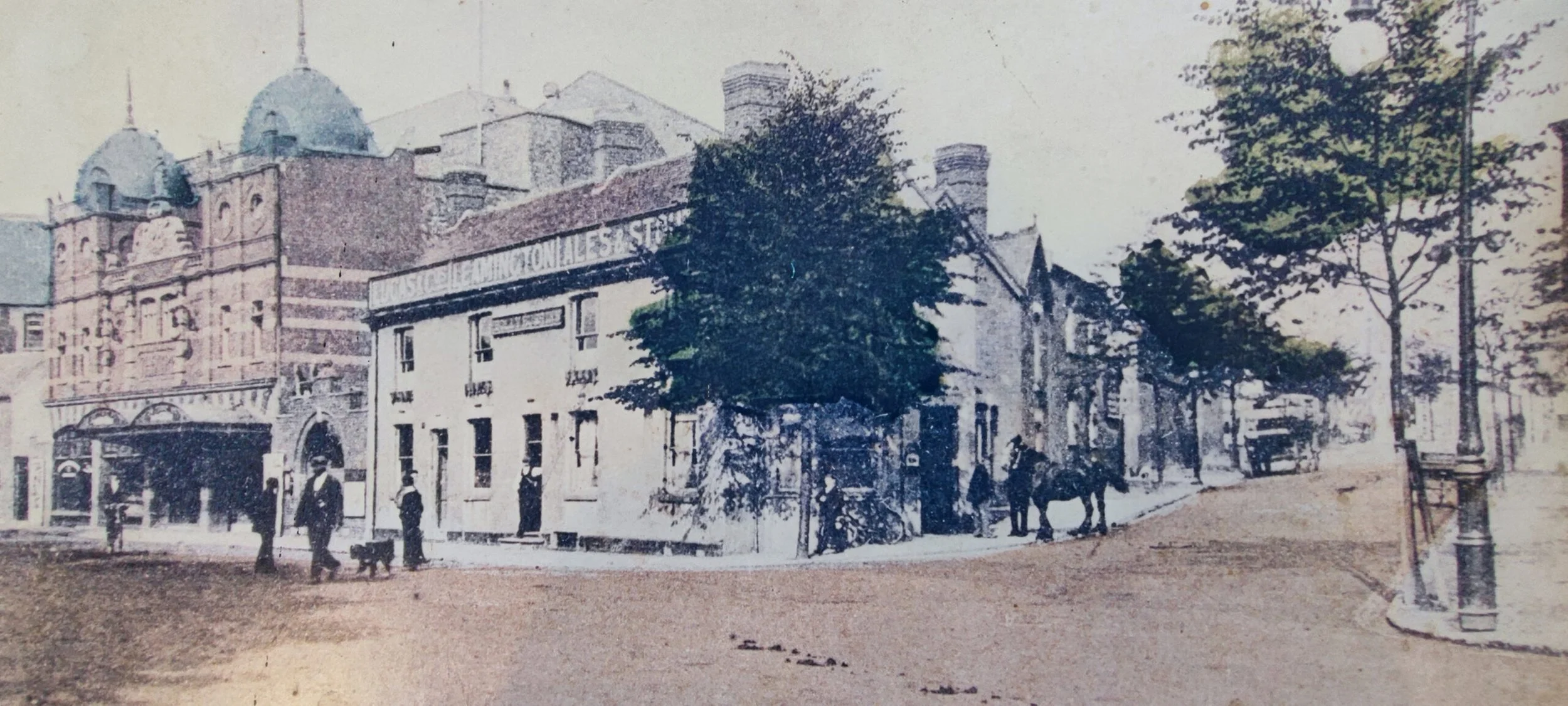 An old postcard from the early 1900's showing Bond Gate/ Leicester Street junction. The Holly Bush pub (purveyor of Leamington Ales according to the sign) is on the centre corner and next to it the Hippodrome Theatre with its distinctive domes. The h