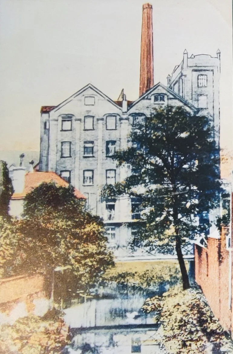 The Nuneaton Roller Mill (Nuneaton Flour Mills) seen from the Bridge Street Bridge before the shops were built, if you stand on the bridge looking towards Church Street and turn to your right, this is the view you would have seen at the beginning of 