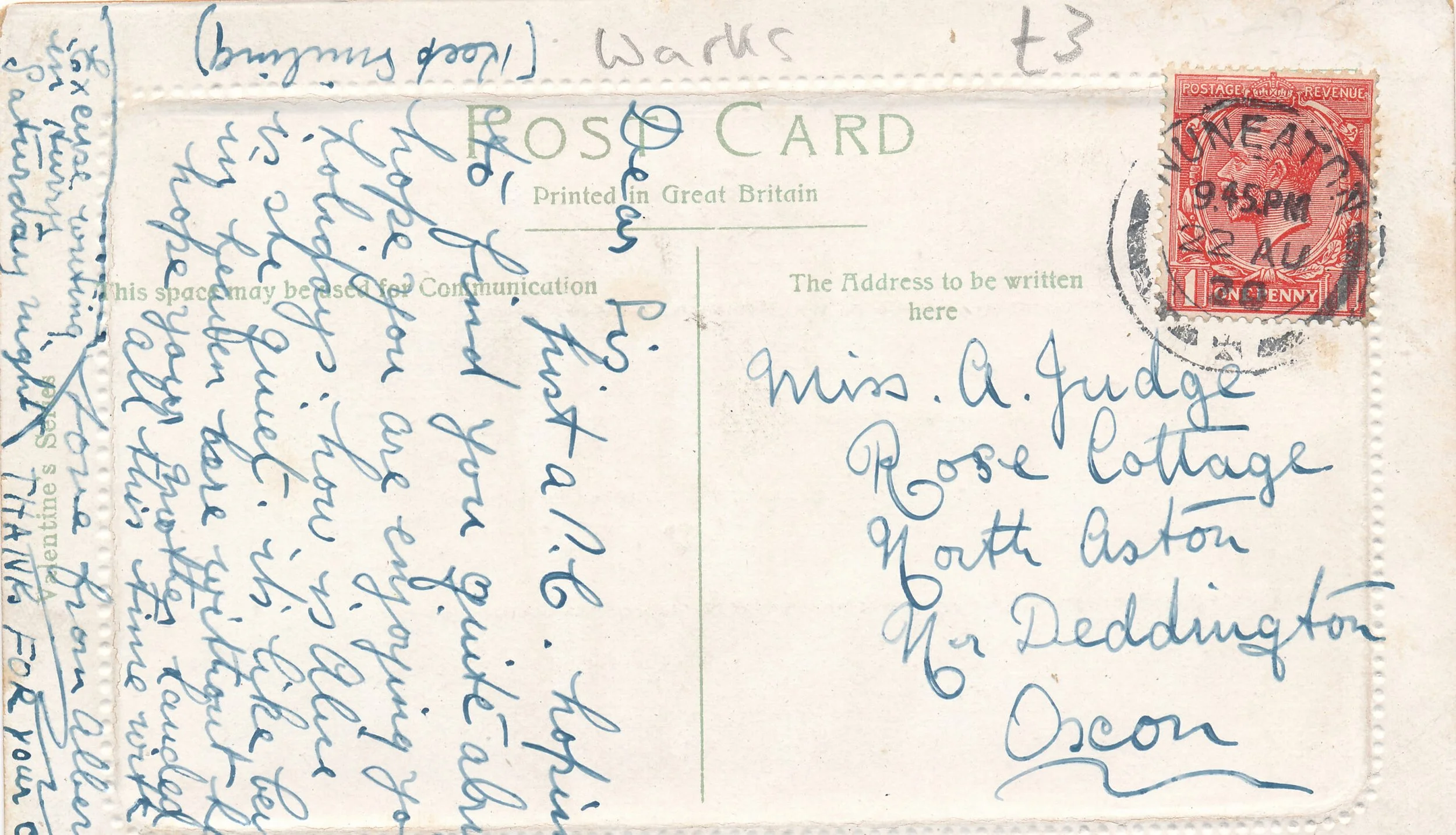 Back of Coton road card. Dear Sis,  Just a PC hoping to find you quite alright.  I hope you are enjoying your holidays. How is Alice. Is she quiet, it's like living in heaven here without her.  Hope your mother ??? safe all this time,  With love from