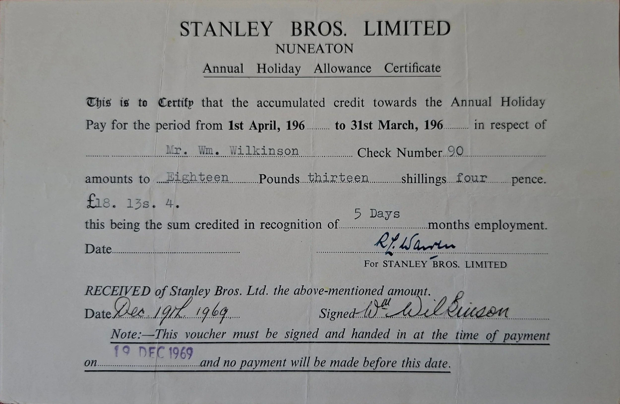 Stanley Bros Holiday allowance 1969.jpg