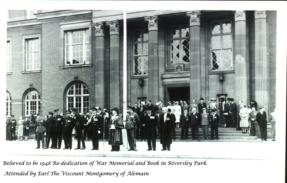 Believed to be the 1948 visit of Field Marshal Viscount Montgomery to Nuneaton to attend the re-dedication of the War Memorial in Riversley Park. The photo is looking at the exterior of the Town Hall where the civic party is awaiting Montgomery's arr