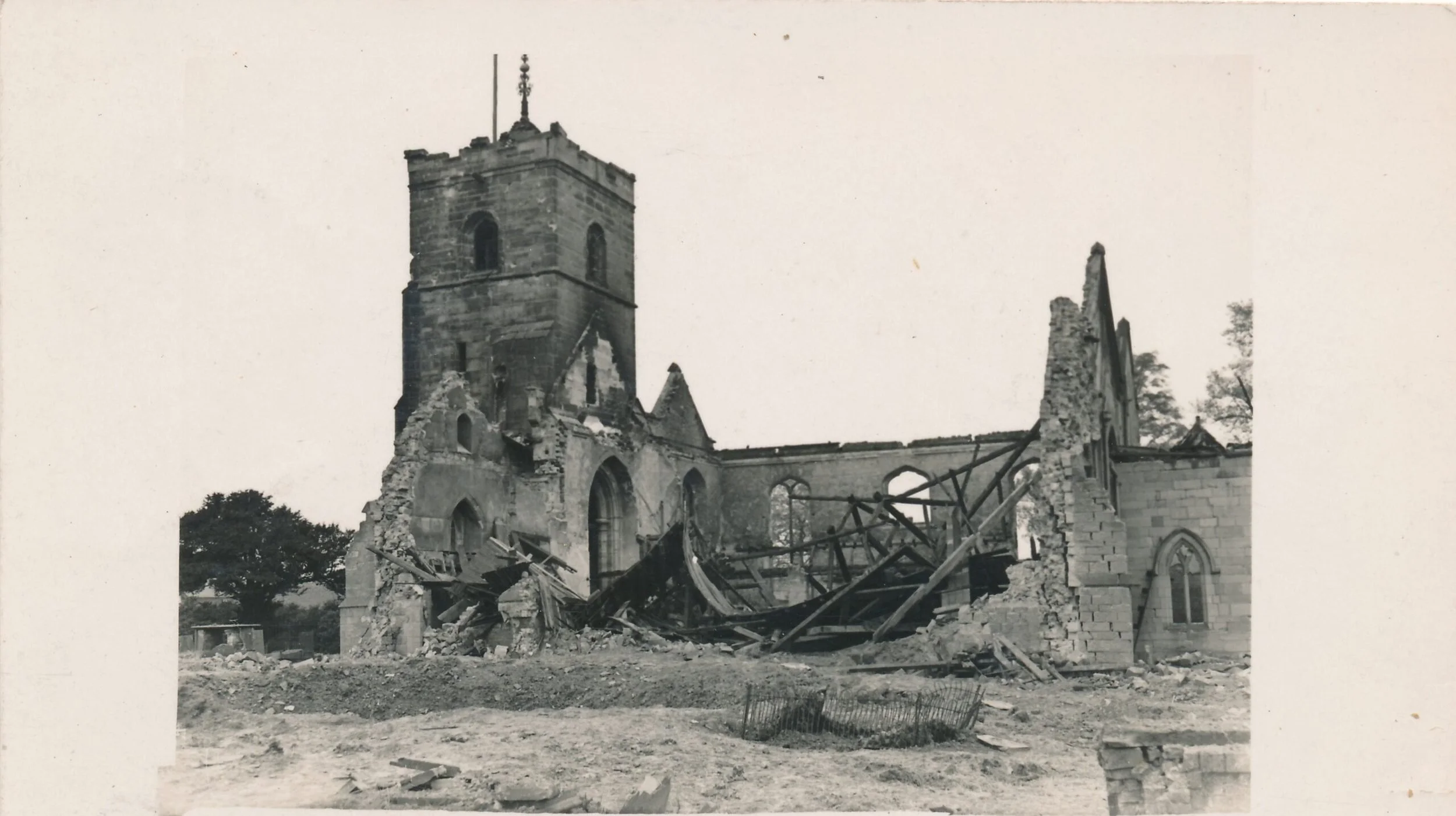Coton Parish Church (All Saints) showing massive damage from the bombing on the night of 17th May 1941.