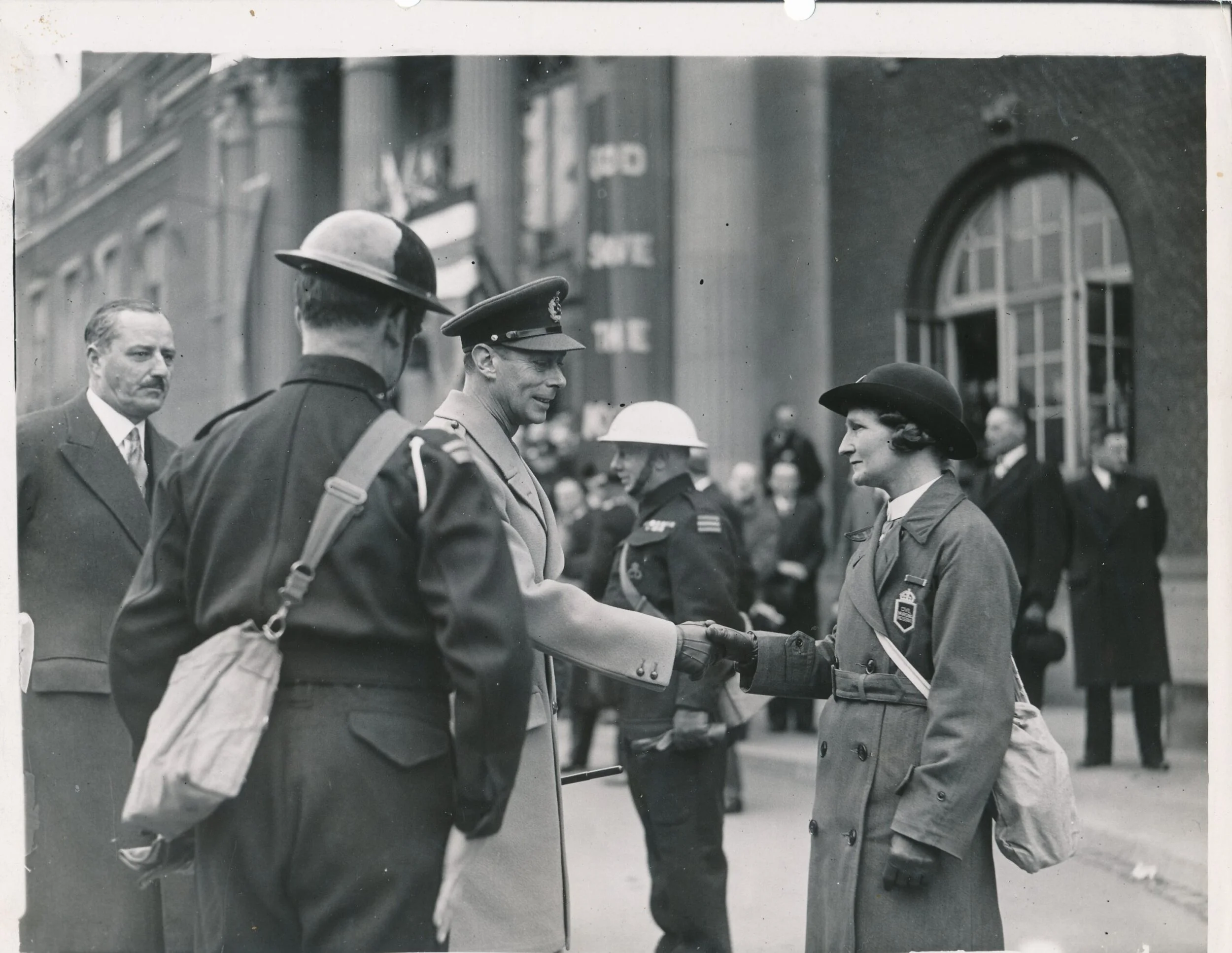King George Vl and Queen Elizabeth (Elizabeth Bowes-Lyons) visited Nuneaton in 1943 to meet with and to present medals to the volunteers of the Womens Voluntary Services, the Blue Light Services and the Civil Defence who did so much during the bombin