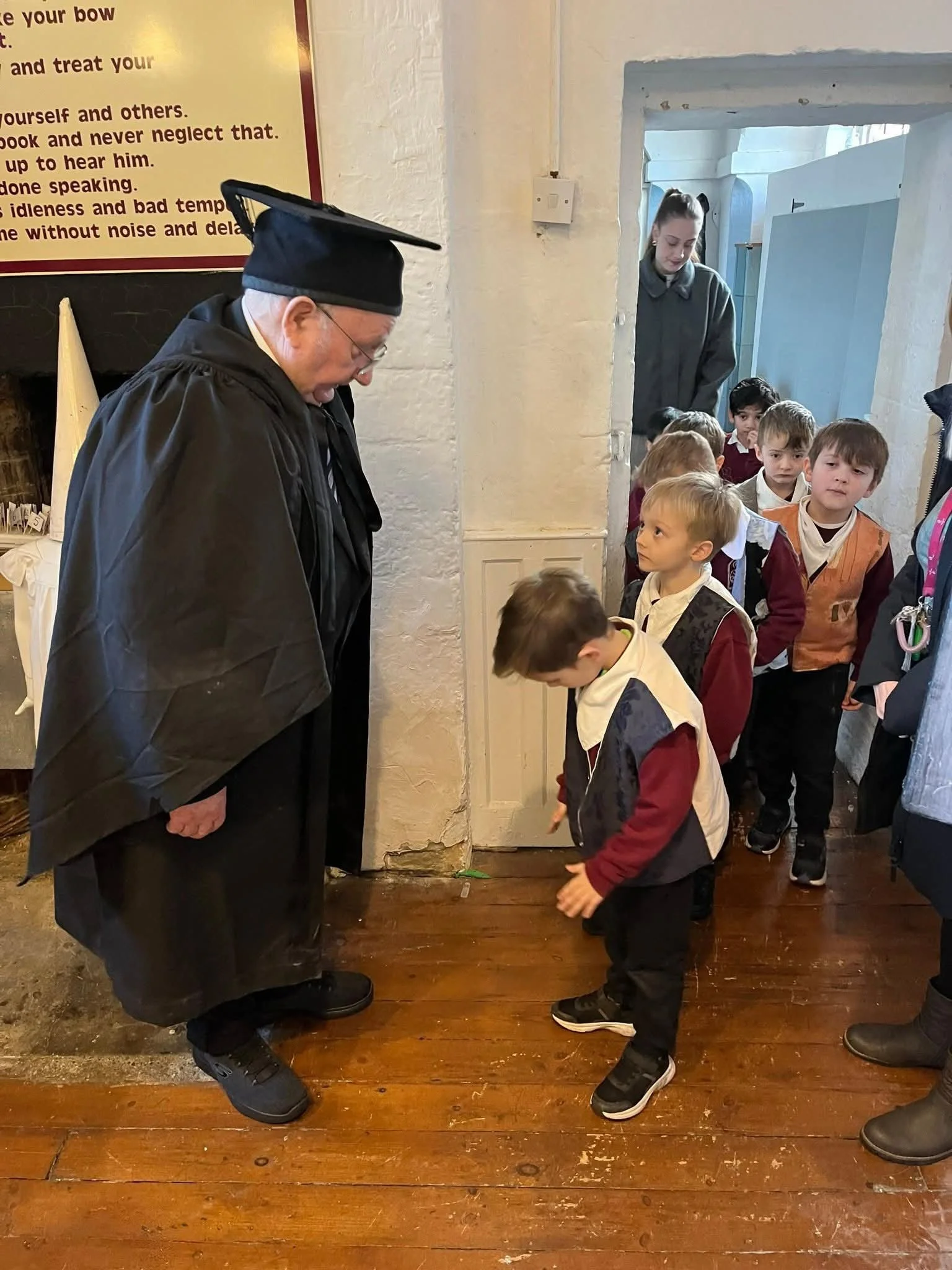 victorian teacher greeting pupils re-enactment