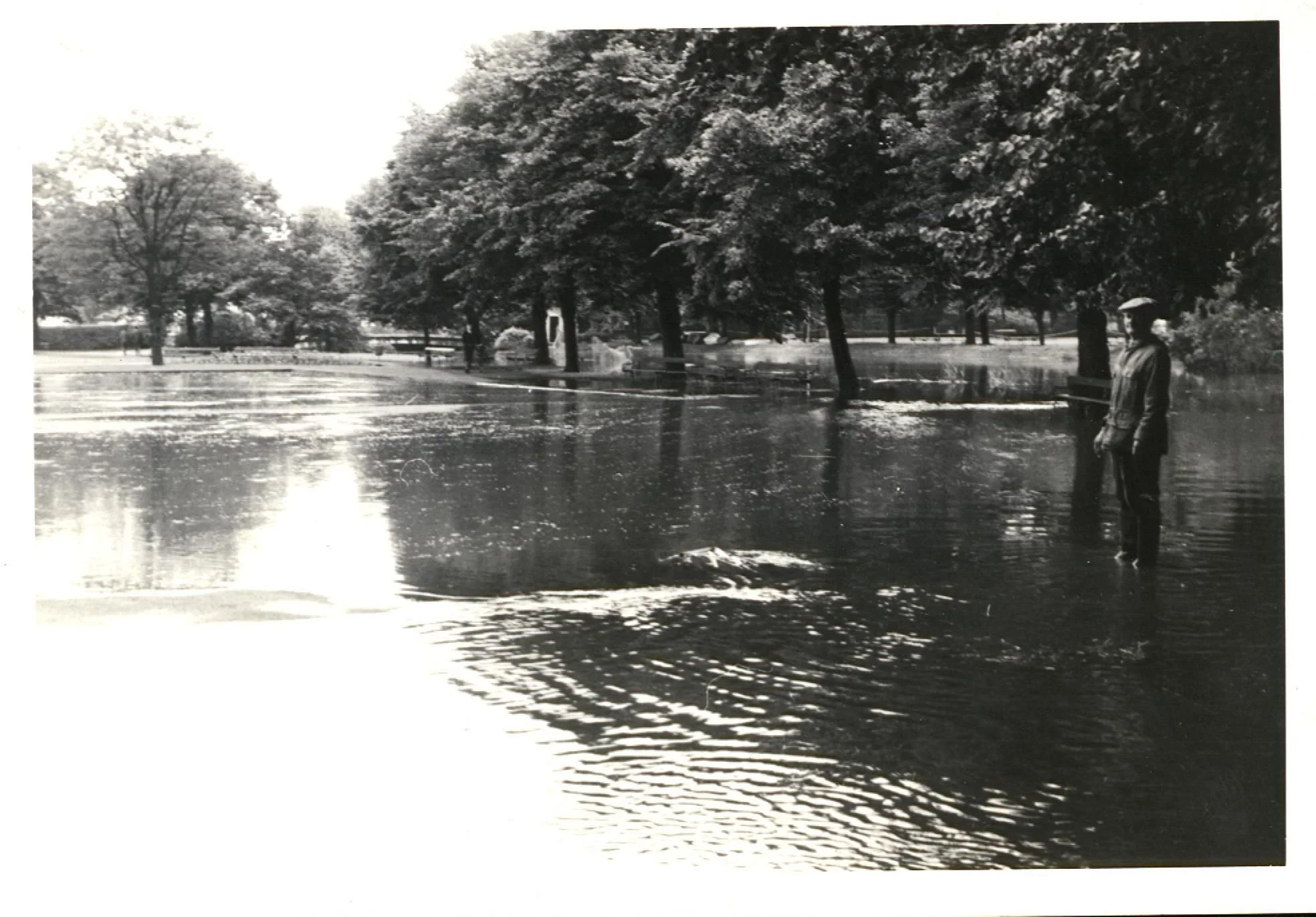 Riversley Park in (we believe) 1958 floods. Way in the background you can see the old bridge that connected the park to Lovers' Lane that ran at the back of Union Wool and Leather (now Sainsburys). Before the flood relief scheme was implemented, the 