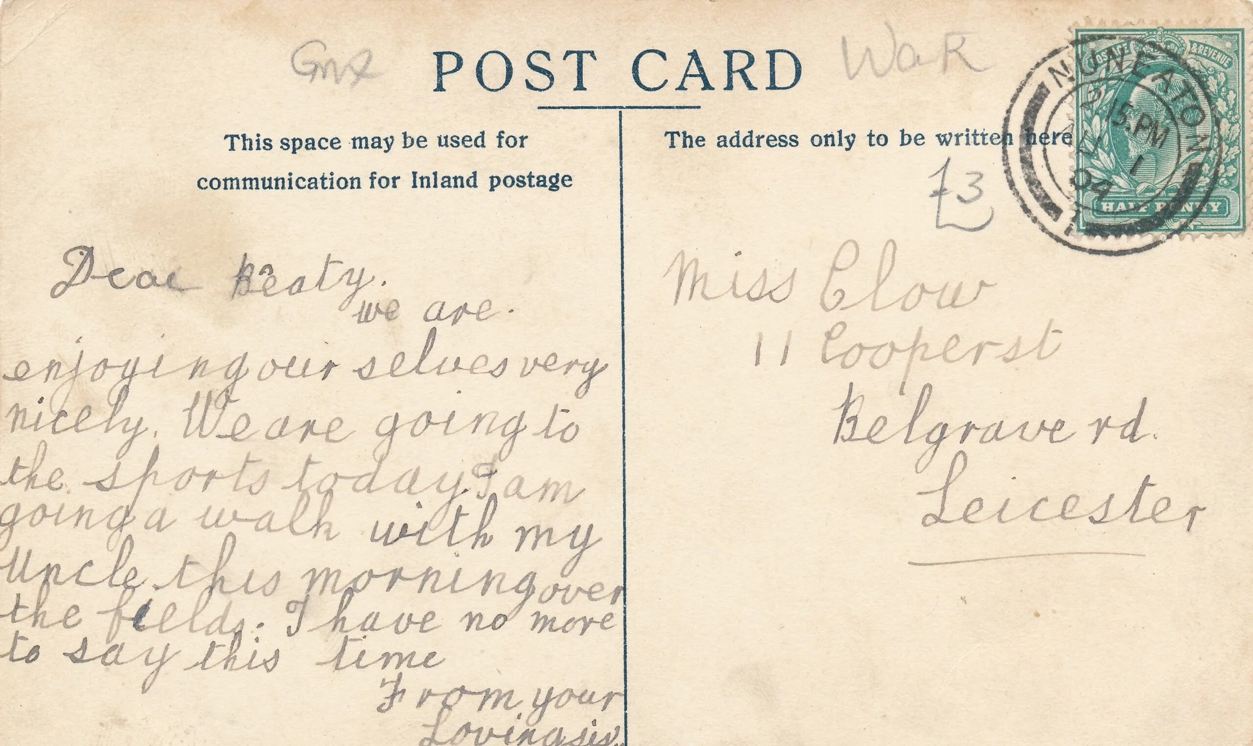 Back of Parish Church card: Dear Beaty,  We are enjoying ourselves very nicely. We are going to the sports today.  I am going a walk with my uncle this morning over the fields.  I have no more to say this time. From your loving Sis Ada.
