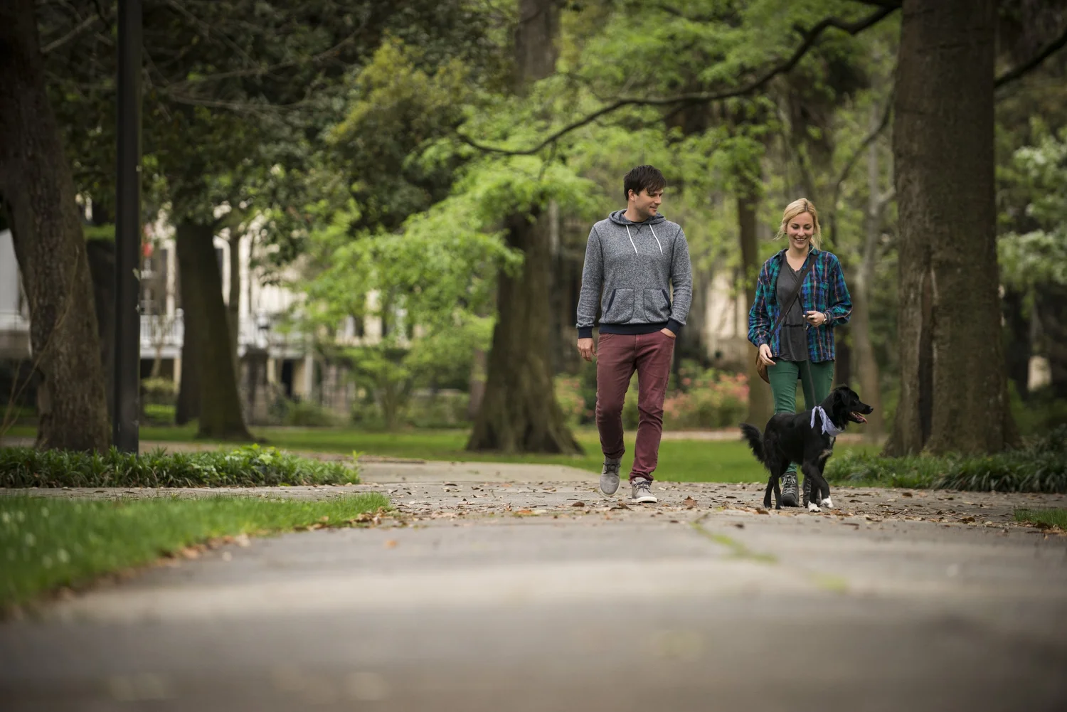 Couple walking dog in Savannah, Georgia