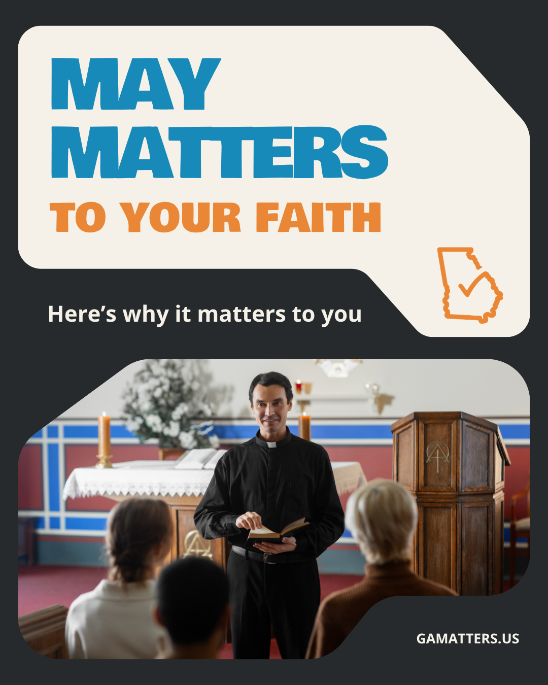 A church pastor speaking to a small congregation inside a church. The image promotes the toolkit for faith-based organizations as part of Georgia Matters, a non-partisan civic engagement drive ahead of the Georgia primary elections on May 19 2026.