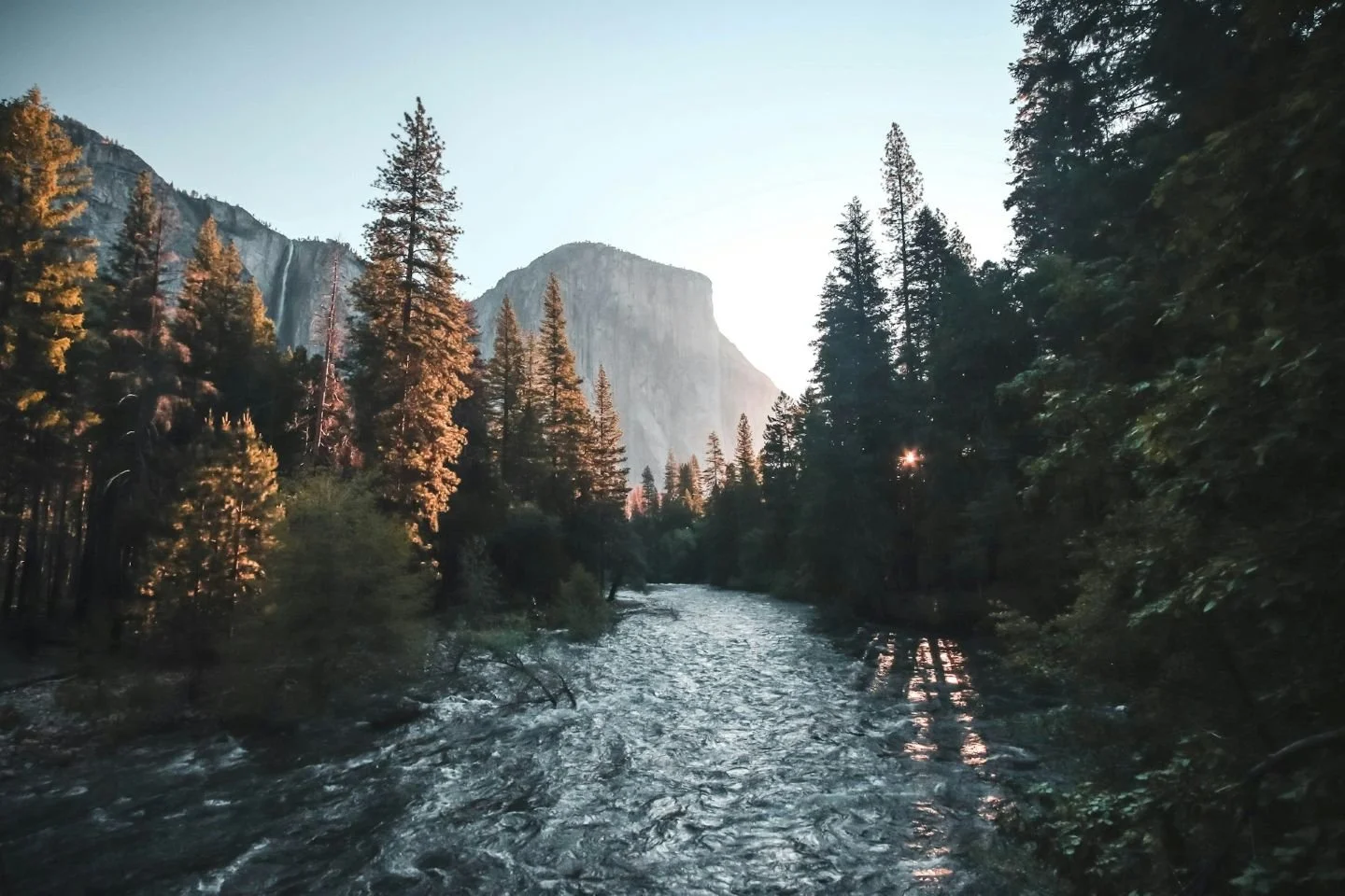 A river flowing through a dense forest with tall trees on both sides, and a mountain with a waterfall in the background during early morning or late evening.