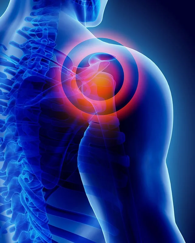 Digital illustration of a human shoulder highlighting joint pain or injury, with a glowing red area around the shoulder joint.