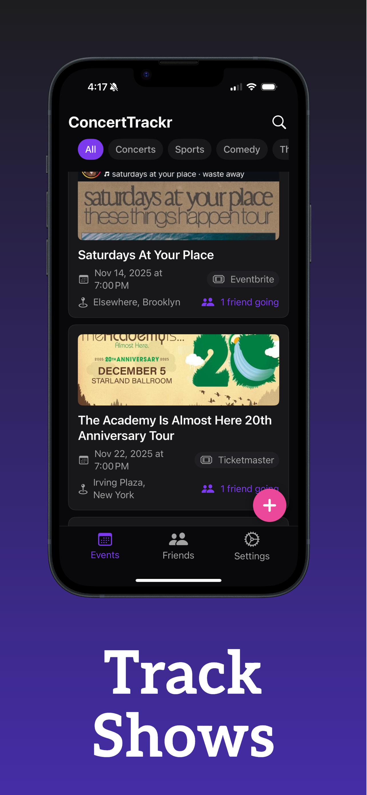 Mobile phone screen displaying a concert tracking app with upcoming events, including 'Saturdays At Your Place' on November 14, 2025, and the '20th Anniversary Tour' on December 5, 2025, in Brooklyn and New York.