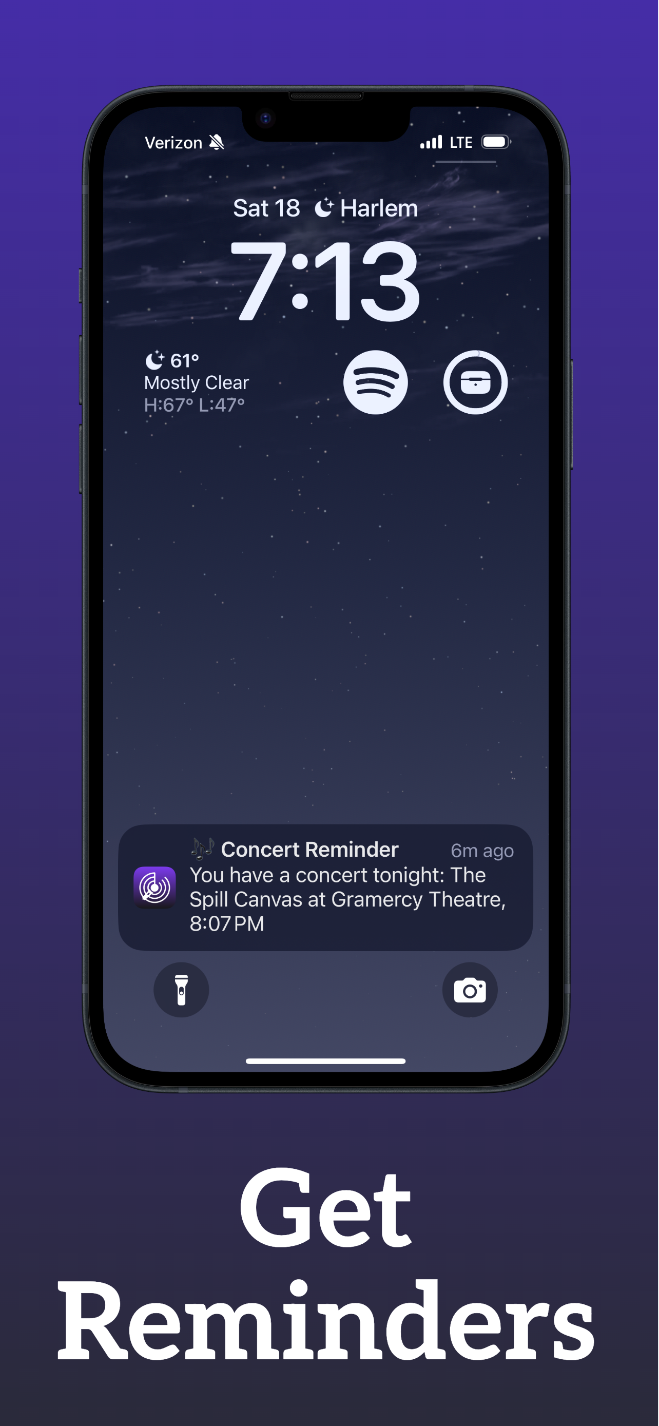 iPhone screen displaying time 7:13, weather 61 degrees and mostly clear, with a concert reminder for tonight at 8:07 PM at Gramercy Theatre. The screen shows two app icons, a flashlight icon at the bottom left, and a camera icon at the bottom right. The background is a night sky with stars.