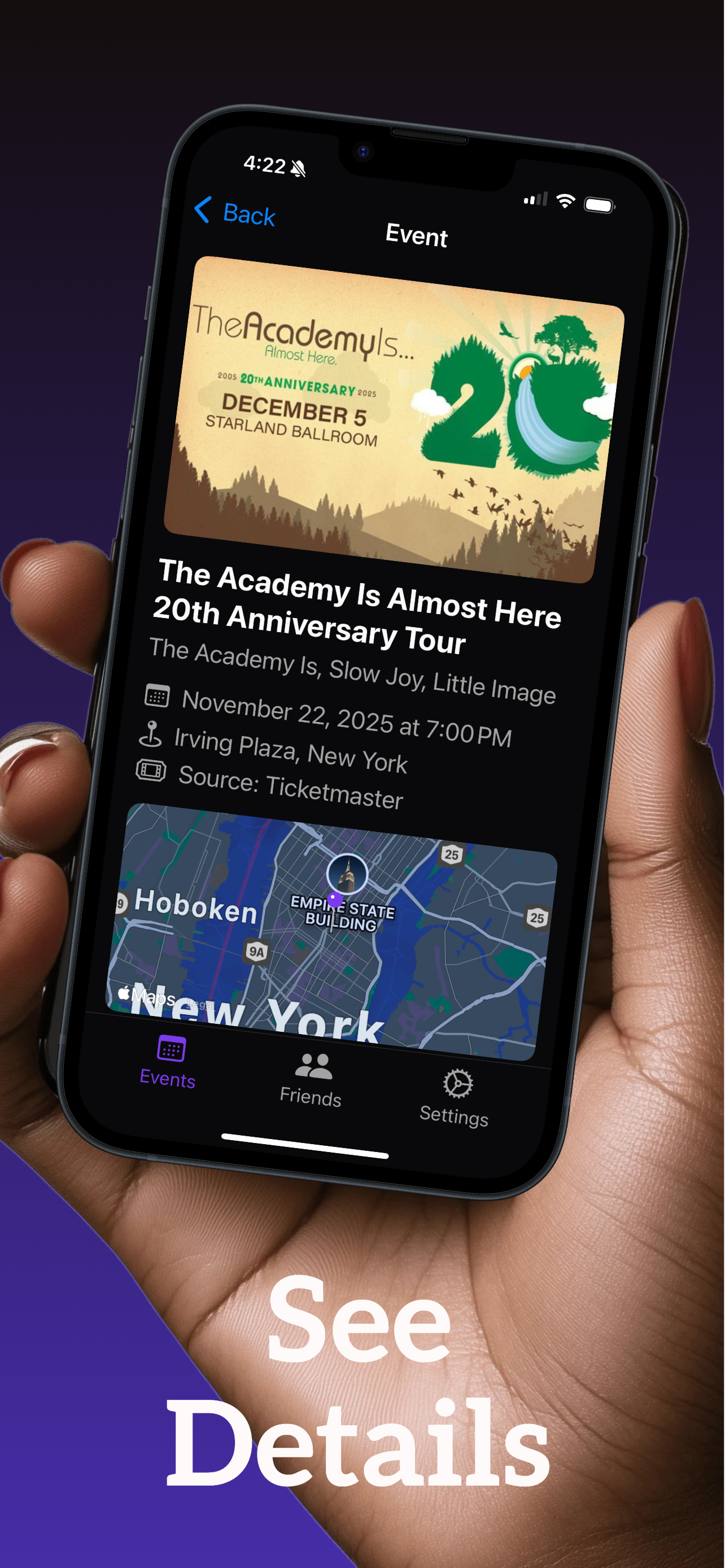Mobile phone displaying event details for The Academy Is... 20th Anniversary Tour with a map of New York City on screen and the text "See Details" at the bottom.
