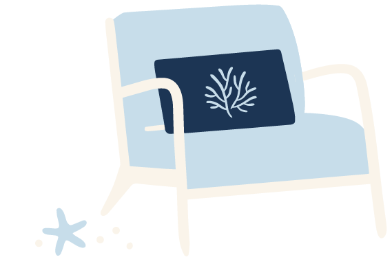 An illustration of a light blue armchair with a dark blue cushion featuring a white coral design, and a small starfish near the bottom left.