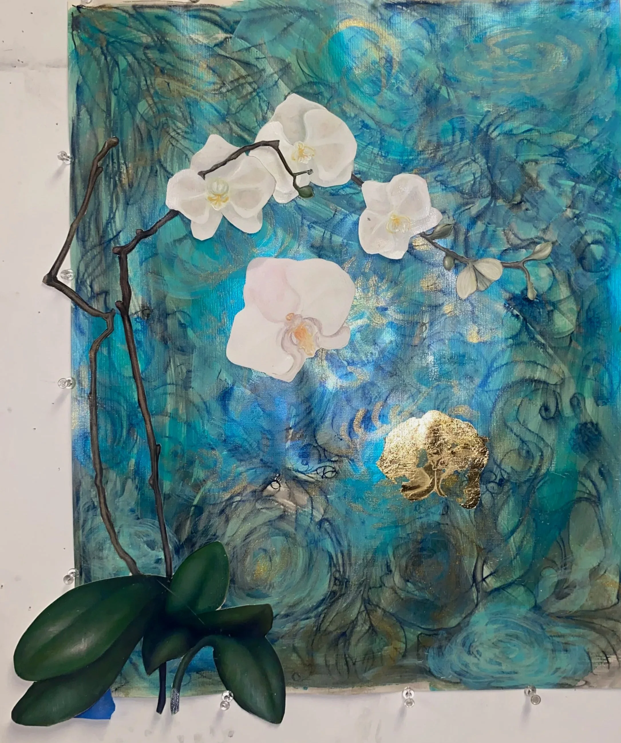 Orchid Growth : Ink Wash, Charcoal, Gold Leaf, Acrylic & Oil Paint, 18x25