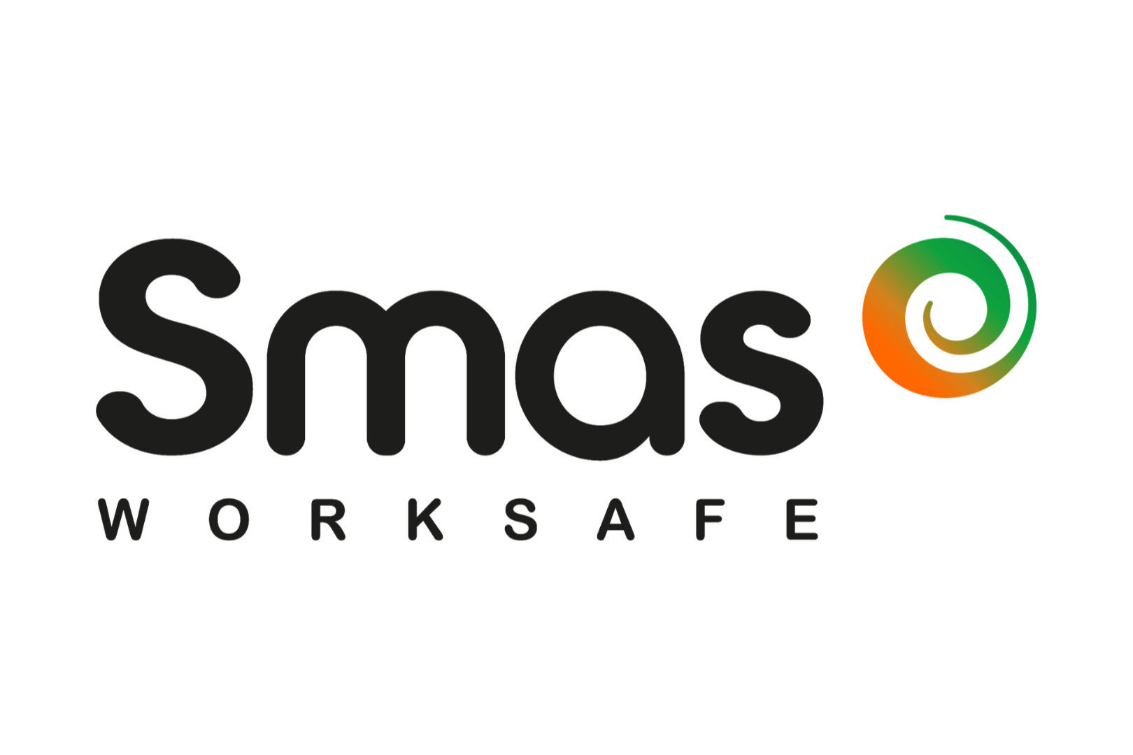 Logo of Smas Work Safe with the word 'Smas' in bold black font, and 'WORK SAFE' below in smaller font, with a colorful spiral graphic to the right.