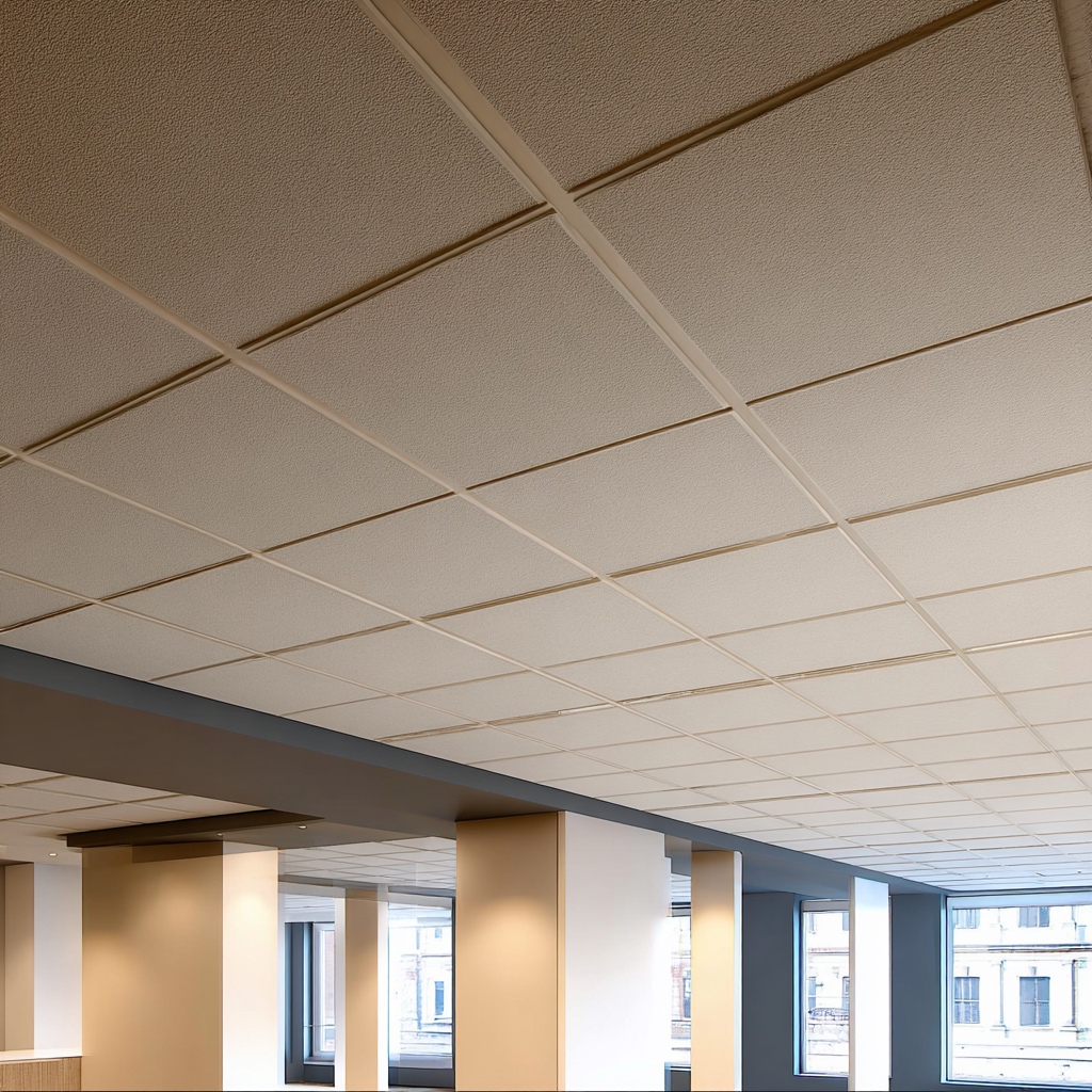 Ceiling tiles in a commercial building with windows showing exterior buildings.