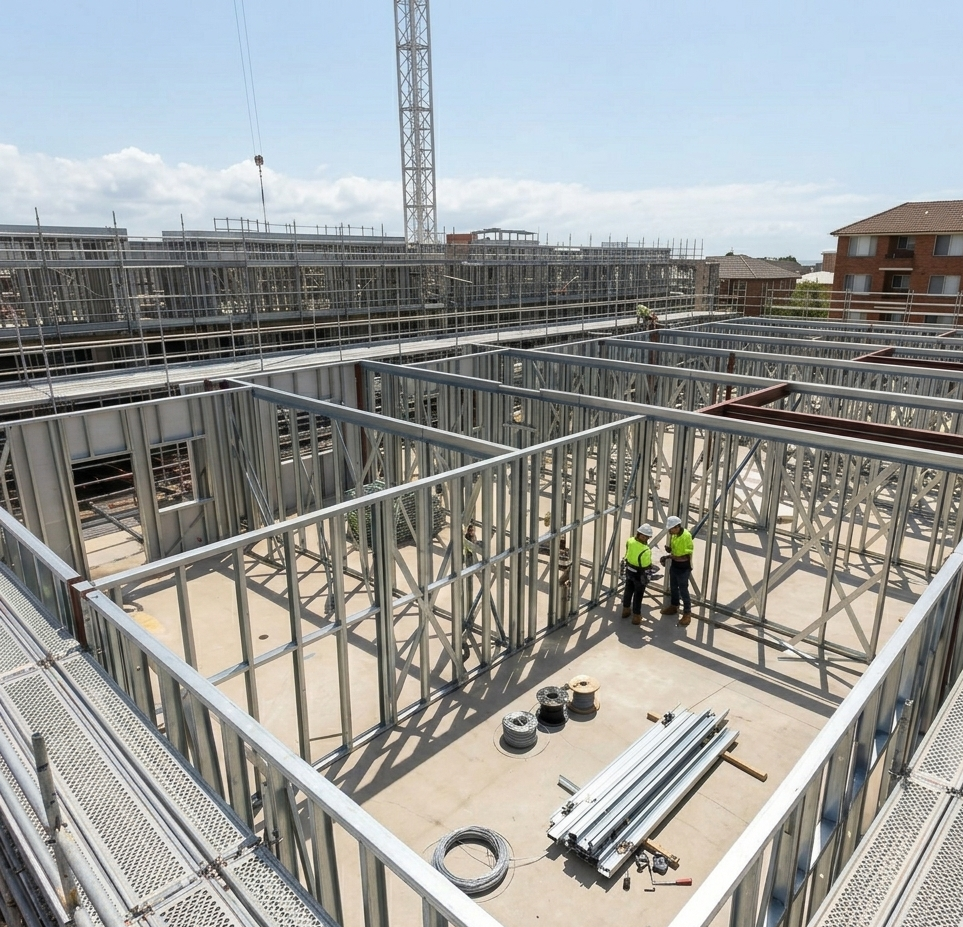 Construction workers in yellow safety vests and white helmets working inside the steel frame of a building under construction on a clear, sunny day.