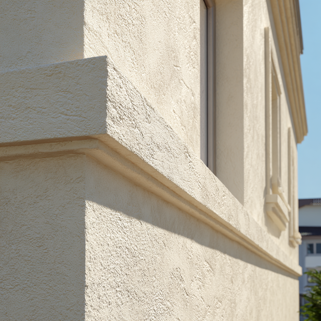 Close-up of a beige stucco house wall with decorative molding and window frame, under a clear blue sky.