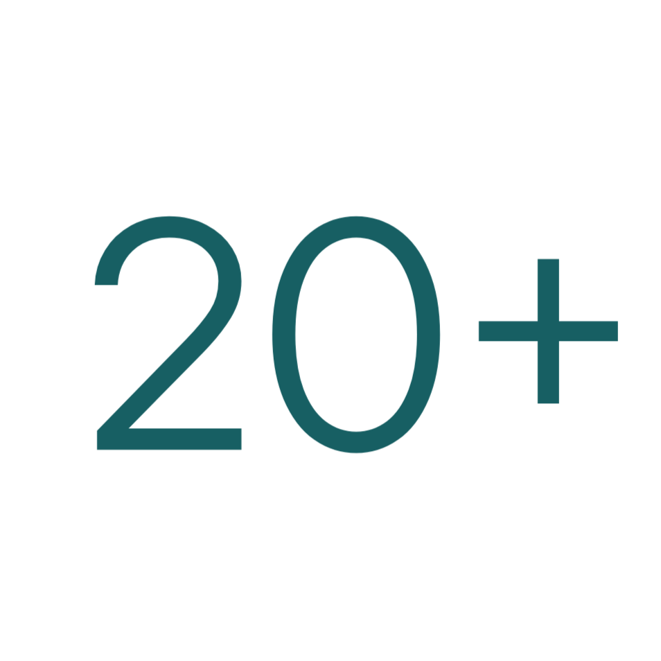 Text that says '20+' in bold letters.