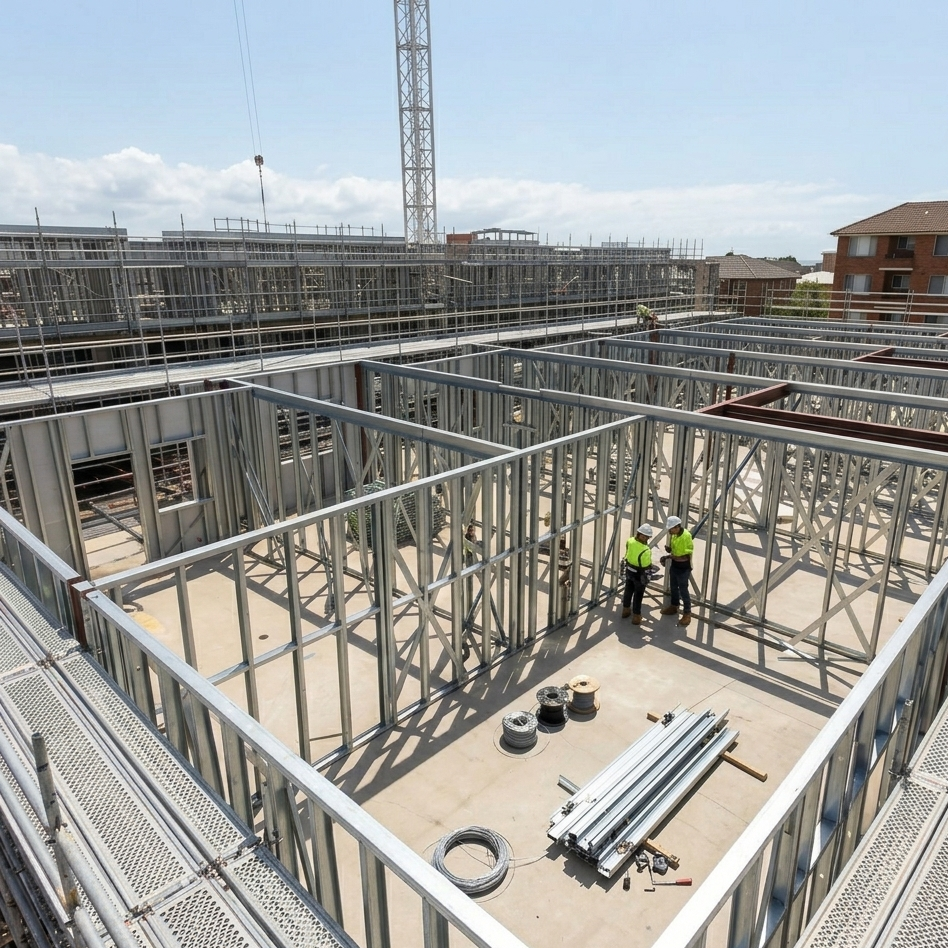 Construction workers in safety vests and helmets standing inside a building under construction, with metal framing and construction materials around, on a clear day.
