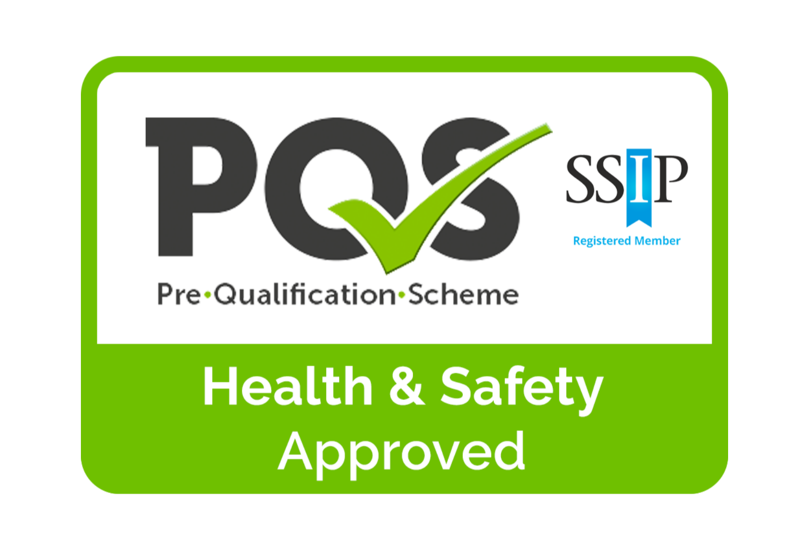 PCS Pre-Qualification Scheme Health and Safety Approved badge, green background, with a check mark and the text indicating approval and registered member status.