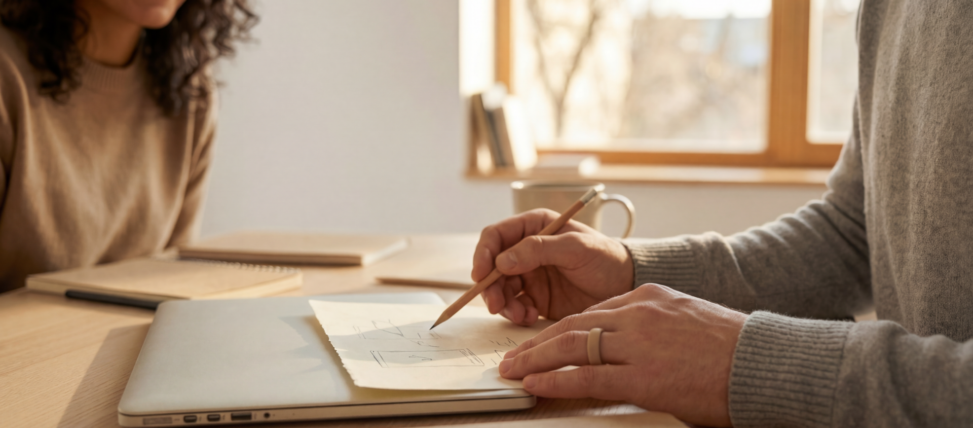 Two people sitting at a wooden table working on a sketch or design, with notebooks and a laptop. One person is holding a pencil and pointing at the paper, the other is observing. Natural light coming through a window in the background.