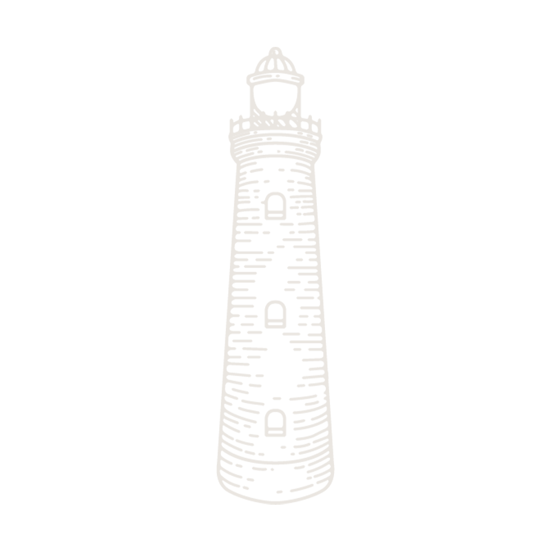 Black and white illustration of a lighthouse with a lantern room at the top and a tall, tapered tower with windows.