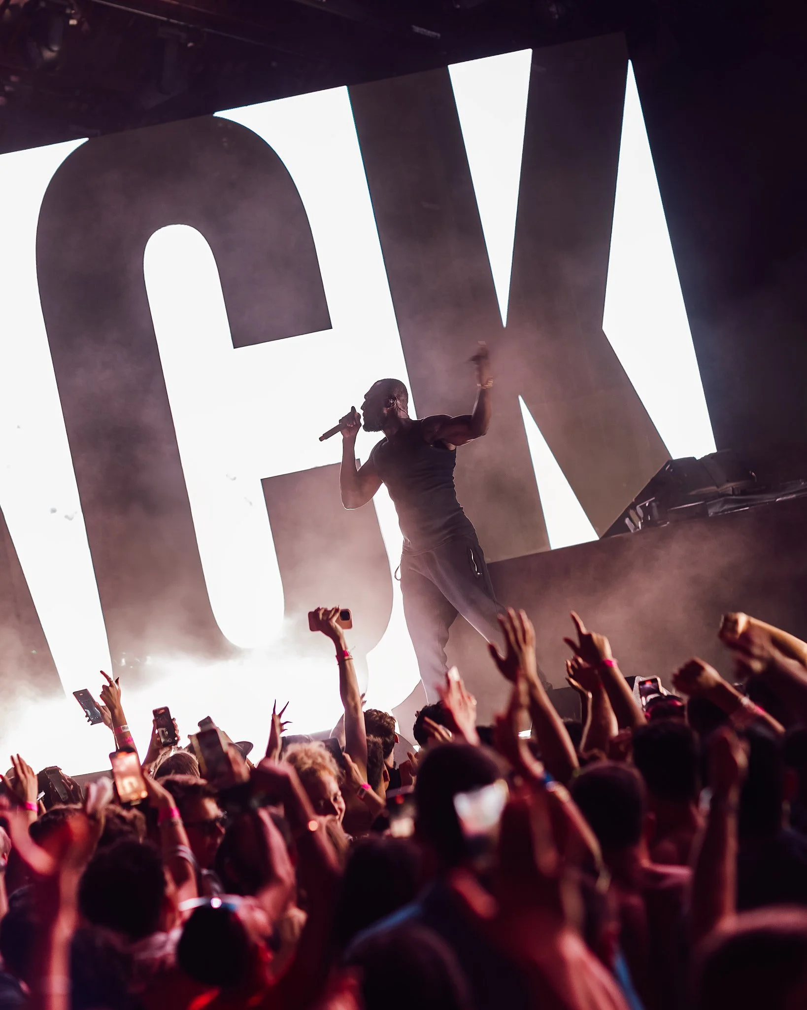 Chase and Status Un cantante en un concierto en el escenario, con un fondo luminoso que dice 'NY', rodeado de una multitud disfrutando y tomando fotos.