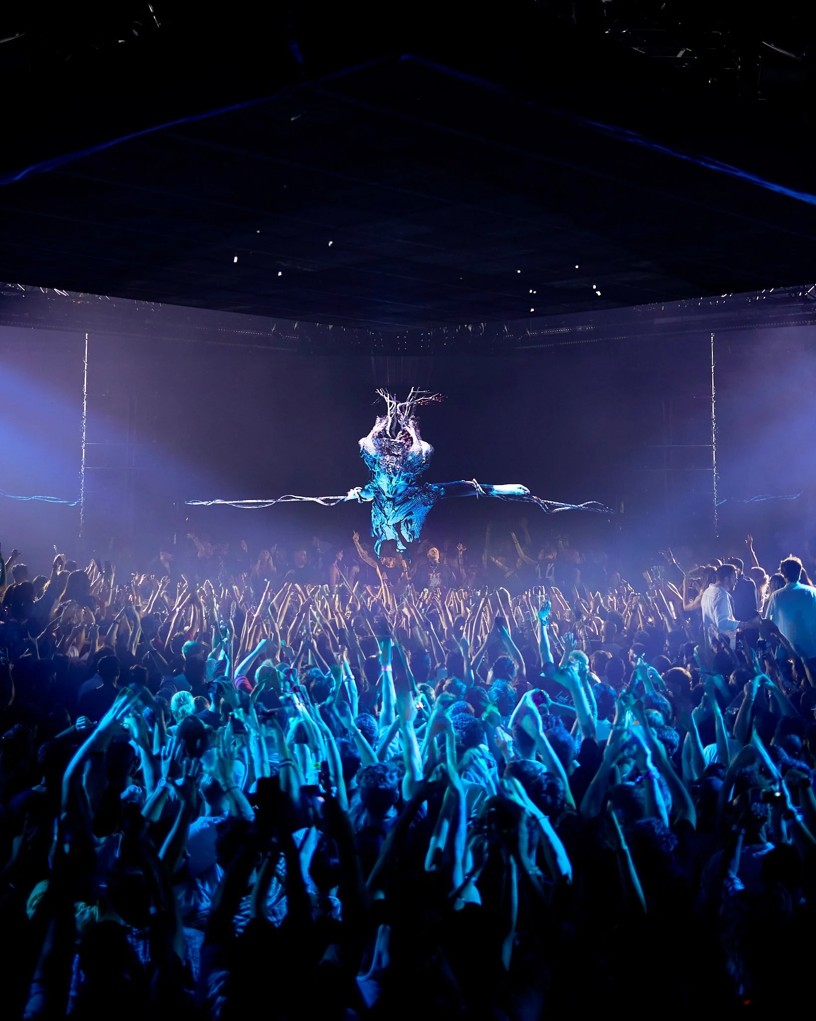 Imagen de un concierto con una multitud de personas bailando y levantando las manos. En el escenario, hay una estructura artística de un árbol con ramas y raíces, iluminada con luces azules y blancas.