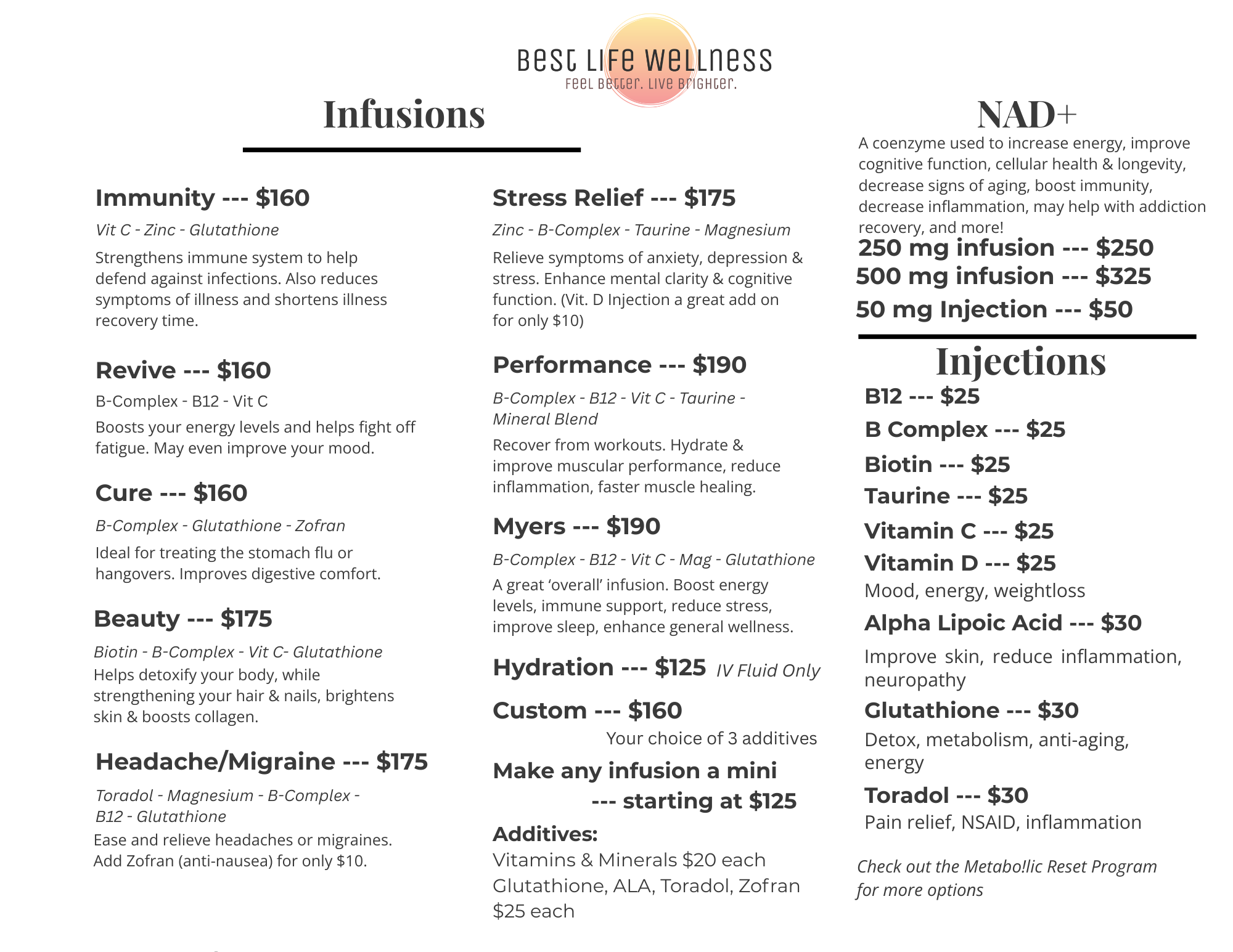 A wellness menu featuring infusions, NAD+ injections, and other supplements with prices and benefits listed, including immunity, stress relief, revive, cure, beauty, headache/migraine, performance, Myers, hydration, custom infusions, and additives.