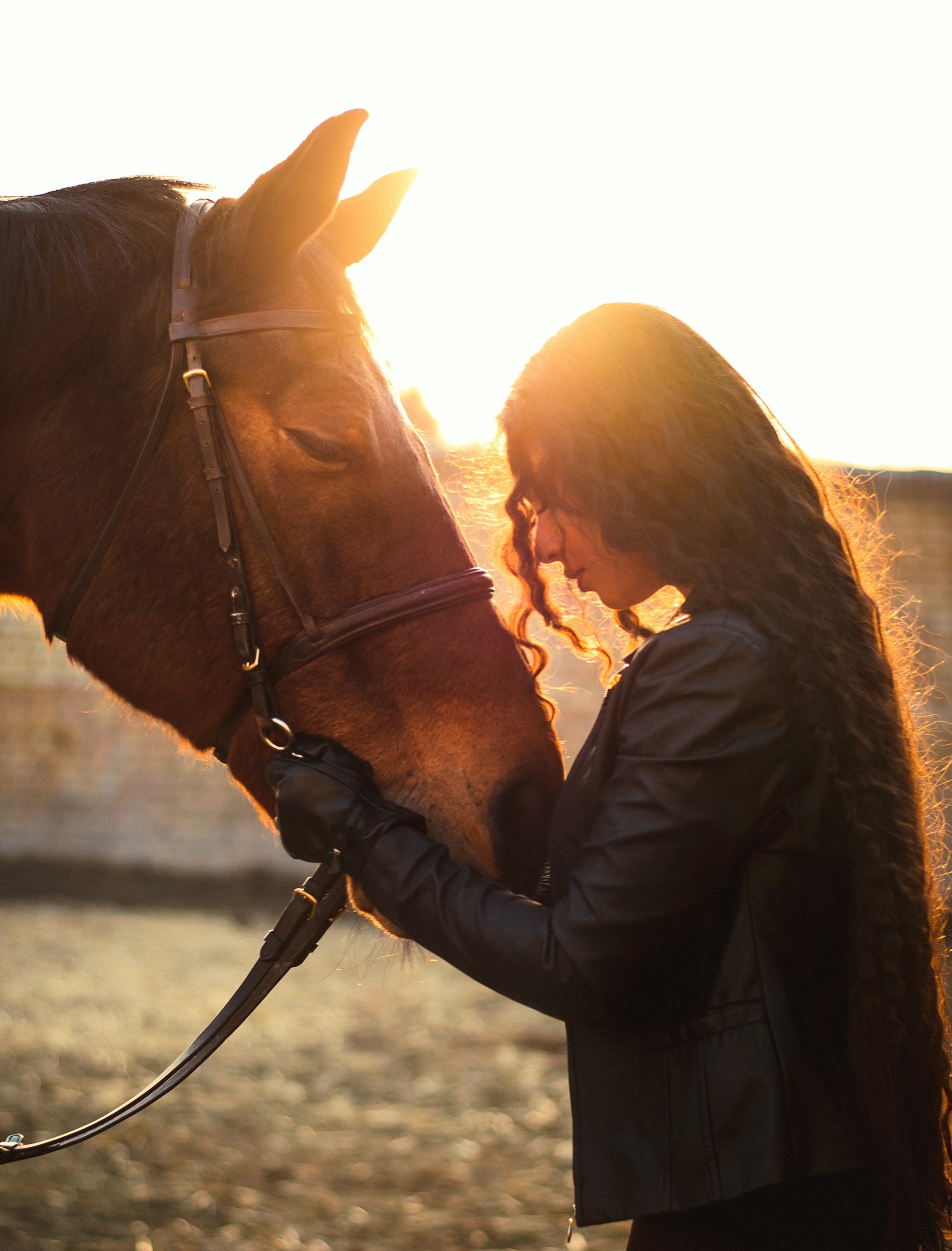 A woman with curly hair in a leather jacket gently touches a brown horse's face at sunset.