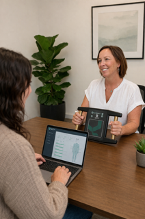 Two women sitting at a wooden table, engaged in a conversation during a professional meeting, with a large potted plant and framed artwork on the wall in the background.
