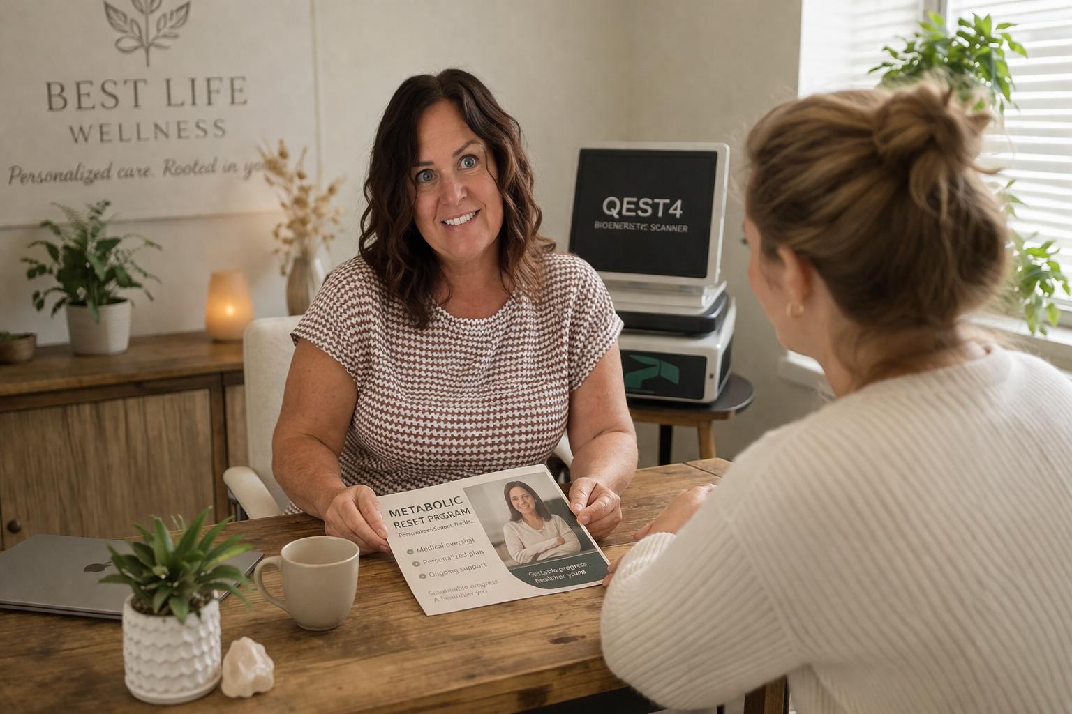 Two women sitting at a wooden table having a discussion in a wellness clinic. One woman is showing a brochure titled "Metabolic Reset Program" to the other. Inside the clinic, there are potted plants, a laptop, a mug, and a lamp. Behind them is a wall with a sign that says "Best Life Wellness" and a bioenergetic scanner.