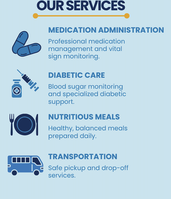 An informational graphic listing services including medication administration, diabetic care, nutritious meals, and transportation with relevant icons for each service.