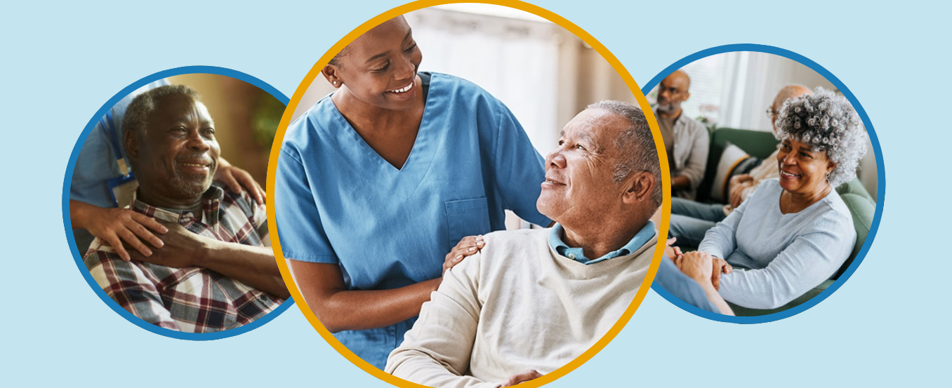 Healthcare workers and elderly patients in a care facility, smiling and engaging in a friendly interaction.