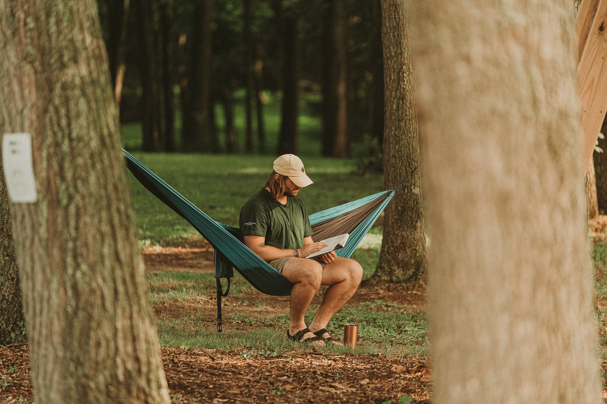 Man sitting in a hammock reading a book in a wooded park with tall trees.