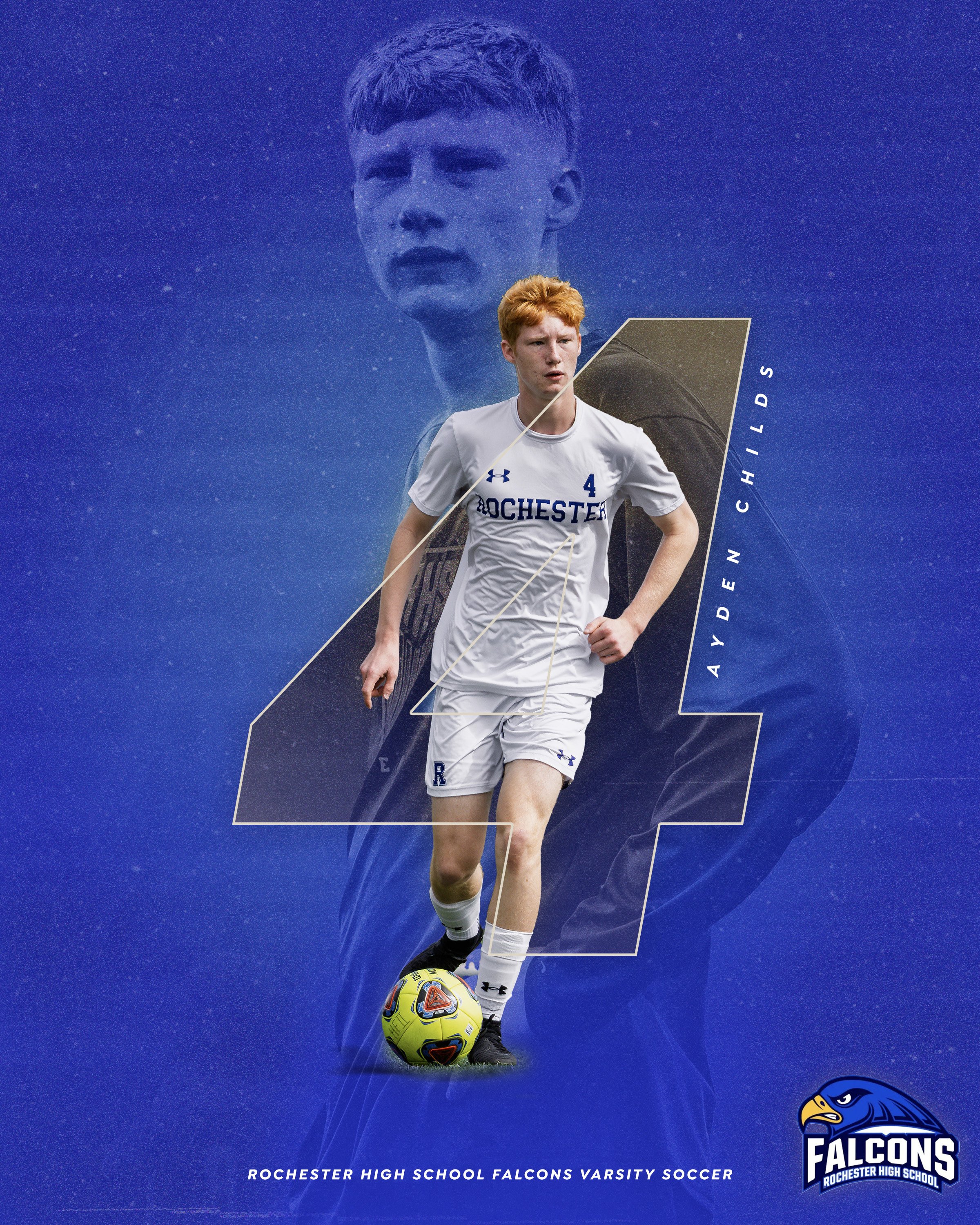 A digital sports poster featuring Ayden Childs, a soccer player for Rochester High School Falcons, wearing a white uniform with the number 4, standing with a yellow soccer ball. The background has a large, semi-transparent image of Ayden's face, a bl