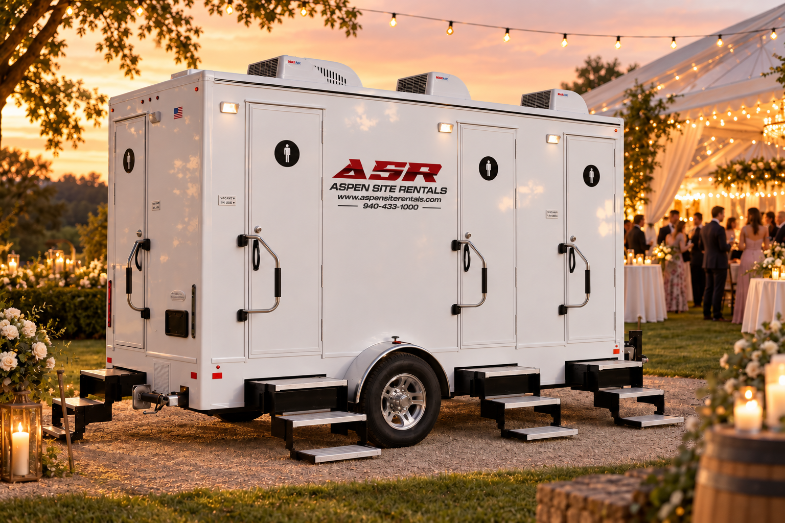 Rendering of a 4-door luxury restroom trailer at an evening reception